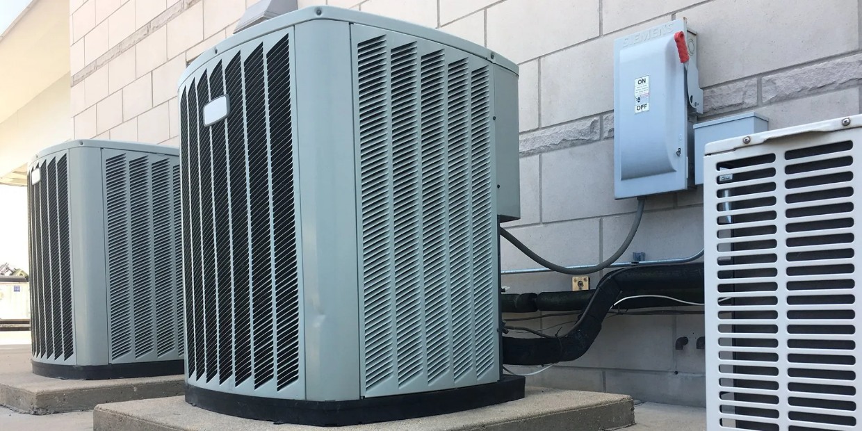 Industrial air conditioner condensers (outdoor unit) on the ground